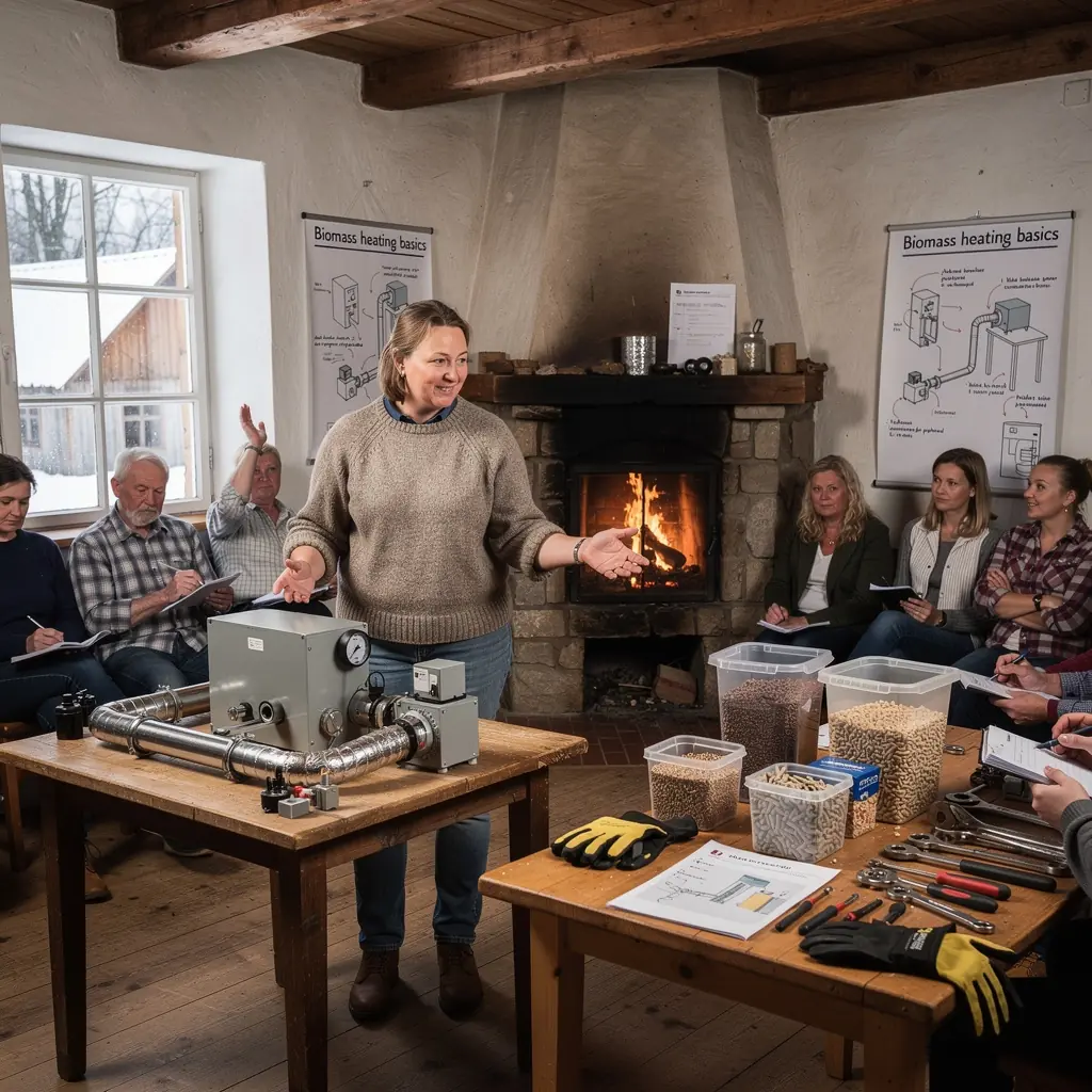 Biomassas apkures sistēma, kas izmanto koksnes granulas videi draudzīgai siltumapgādei.
