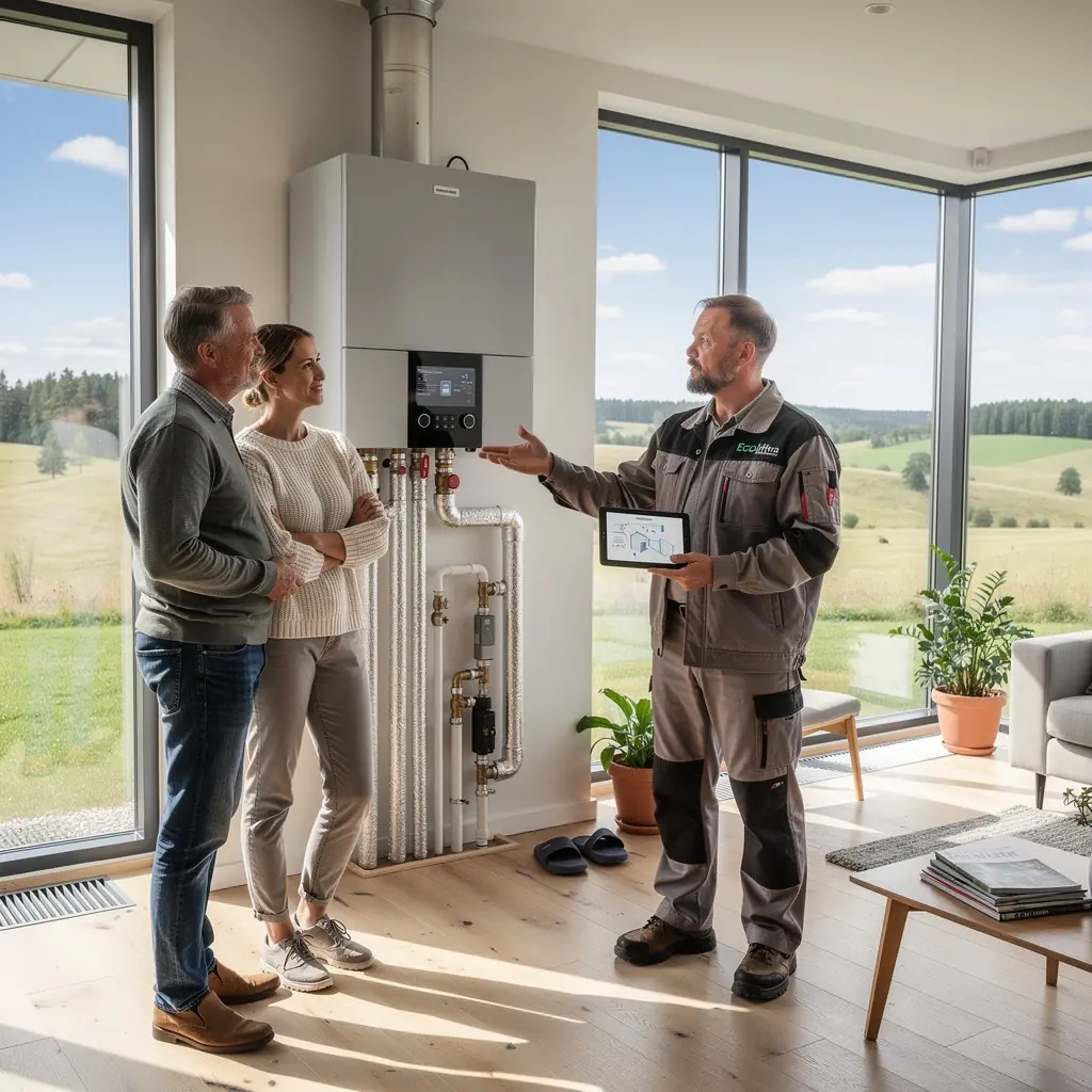 Mājas interjers, kurā uzstādīta moderna apkures sistēma ar koksnes granulu izmantošanu.